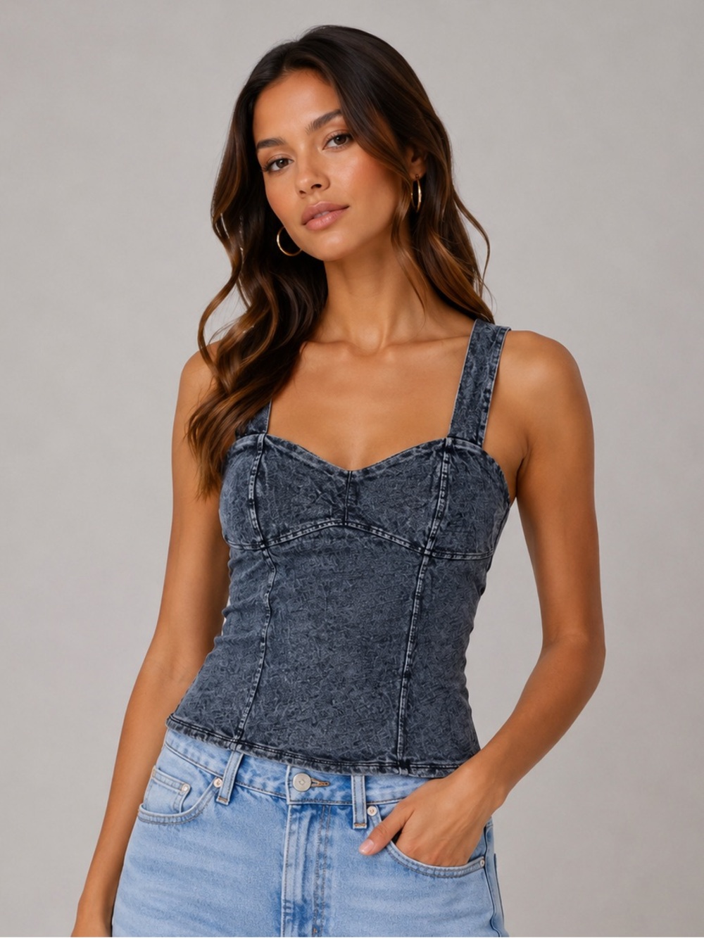 $118 New Michael Lauren Denim Look Corset Tank - Small